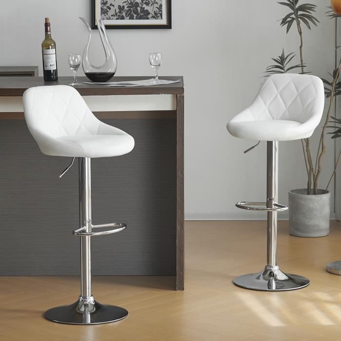Tabourets de bar - ALIGHTUP - Lot de 2 - PU - Hauteur Réglable - Blanc Tabourets de bar - ALIGHTUP - Lot de 2 - PU - Hauteur Réglable - Blanc