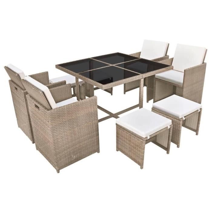 Salon de jardin encastrable avec coussins 9 pcs Rotin Beige -BK42556 (PLA)
