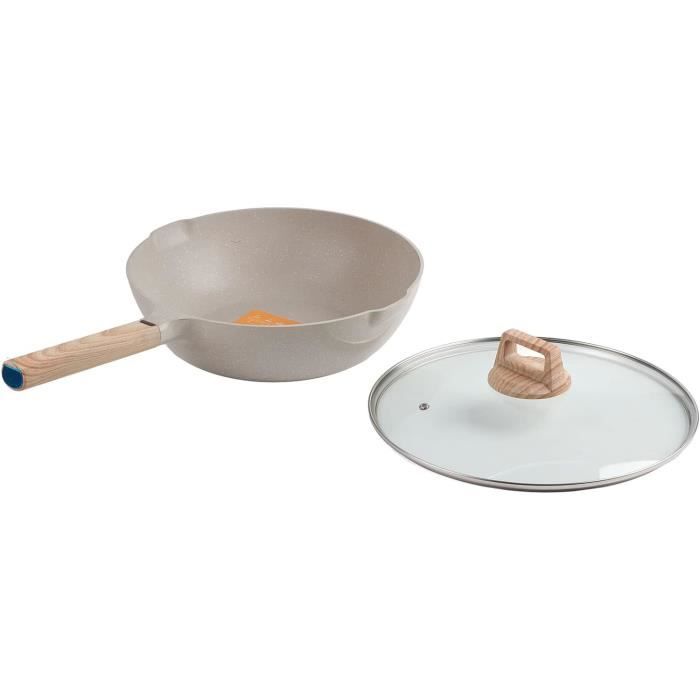Wok En Pierre Médicale 32 Cm - Compatible Tous Feux (Induction, Gaz, Électrique) - Poignée Amovible Et Valve Vapeur
