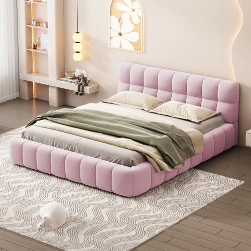 lit rembourré 140 x 190 cm, lit junior, lit double avec dossier souple, lit plat avec bordure rembourrée, cadre à lattes lin, rose