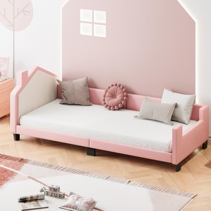 cadre de lit rembourré 90 x 200,canapé de couchage pour enfant en cuir pu avec dossier,lit de maison pour garçons et filles,rose