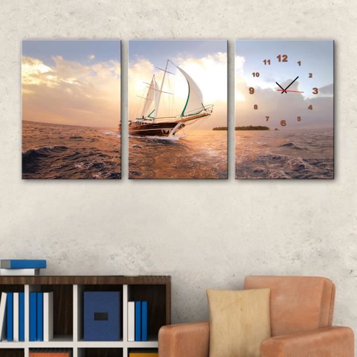 3 panneaux imprimés toile de peinture bateau sur la mer avec horloge murale  art pour salon (sans cadre sans étirement) - Achat / Vente tableau - toile  - Cdiscount