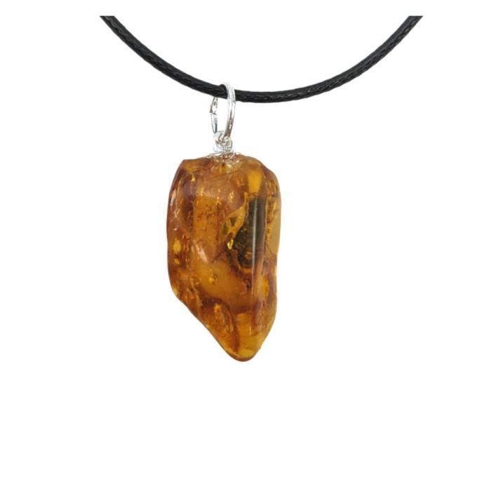 collier ambre ab pendentif pierre roulée + cordon orange