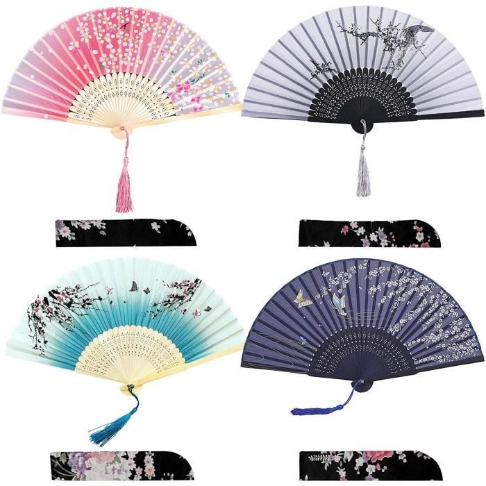 Éventail Japonais Pliant - Lot De 4 Avec Pochette - Motifs Fleurs Prunier/Pêcher - Pour Mariage, Fête, Danse