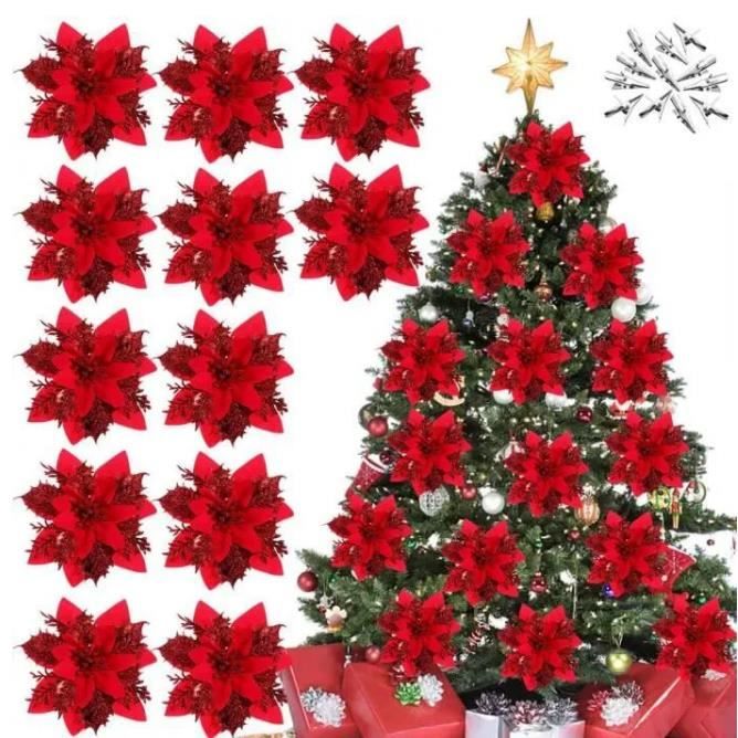 36 Pièces Fleurs De Poinsettia Pailletées Pour Noël - 3 Tailles (7.5/10/15 Cm) - Décoration Sapin, Guirlande, Maison, Mariage