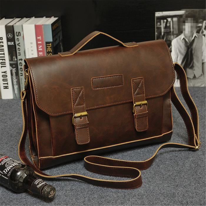 Sac ?� Main R?�tro PU Cuir Homme Brun - Cdiscount Bagagerie - Maroquinerie