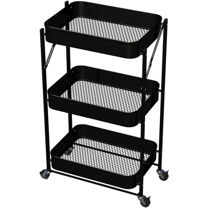 Chariot De Service 3 Niveaux Pliable En Acier Inox - Desserte Mobile Pour Cuisine, Salle De Bain Ou Bureau