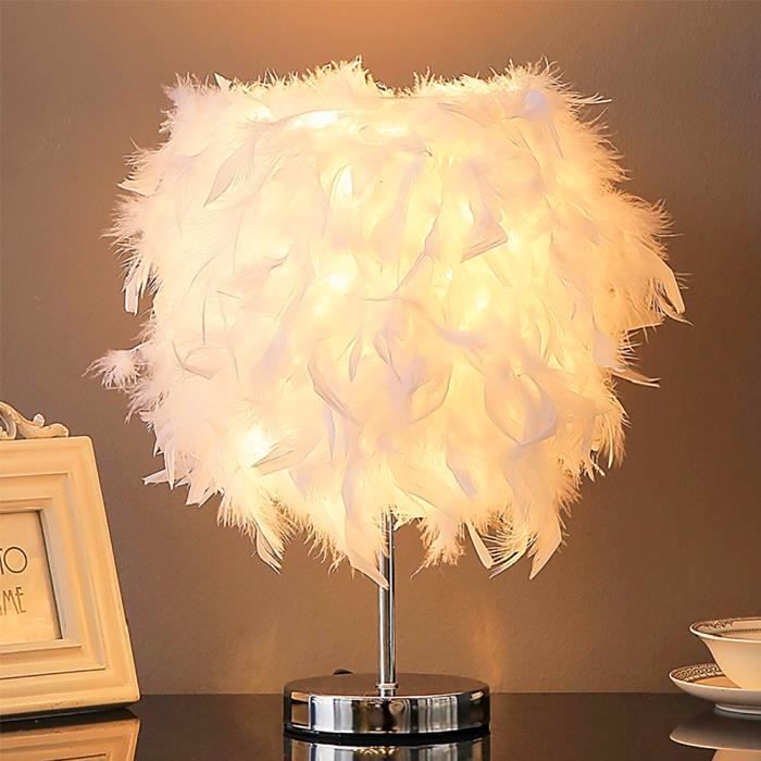 lampe de chevet plumes - 14*14*25cm lampe de chevet moderne à pour chambre à coucher, salon, bureau, table de chevet (blanc)