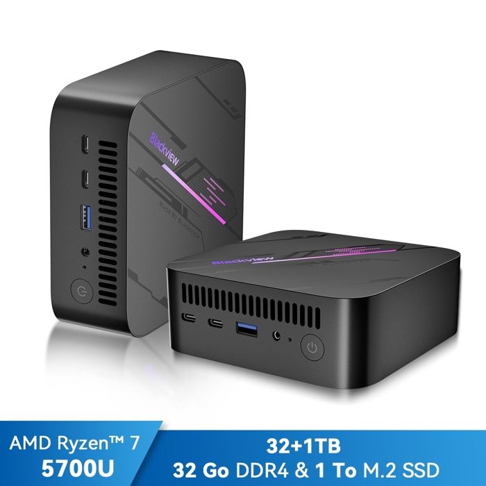 Mini PC Blackview MP100 AMD Ryzen™ 7 5700U 4.3GHz Max 32 Go 1 To-SSD 2To Windows 11 Pro Wifi 6 4K UHD Display NETFLIX – Gris