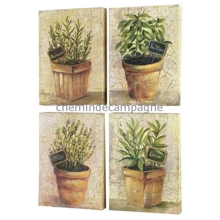 4 Tableaux Cadres En Bois Peint Plantes Aromatiques 35x35 Cm 22 Cm Beige Cdiscount Maison