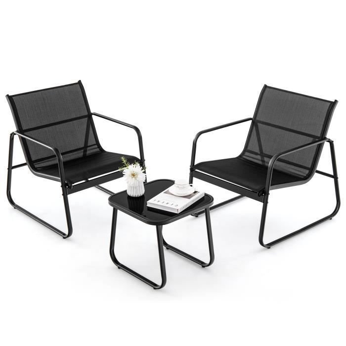 COSTWAY Ensemble Table Basse de Jardin et 2 Chaises Tissu Textilène Charge 150KG Meubles 3 PCS de Patio pour Cour Terrasse Noir
