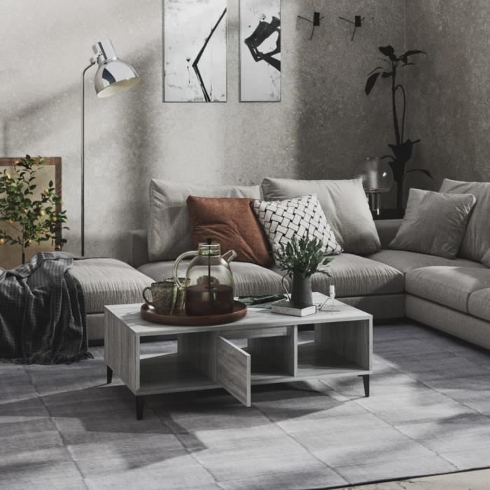 Tavolino Salotto SKM Stile Industriale - 103.5x60x35 Cm, Grigio Cemento, Legno E Metallo, Con Ripiani