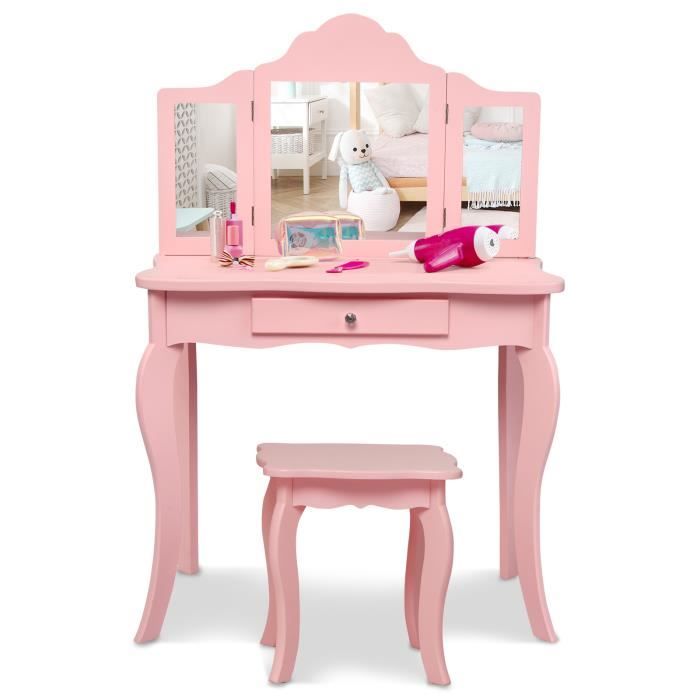 GOPLUS Coiffeuse Enfant Fille, Table de Maquillage avec Miroir Triptyque et  Tabouret, Charge 50KG, pour Enfants 3+ Ans, Ananas