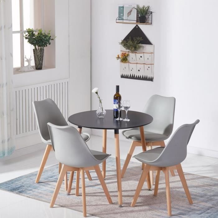 H.J WEDOO Ensemble Ronde table à Manger de 2 à 4 personnes Cuisine Scandinave en Pieds en Bois+4 Gris chaises scandinaves 54*54*82cm