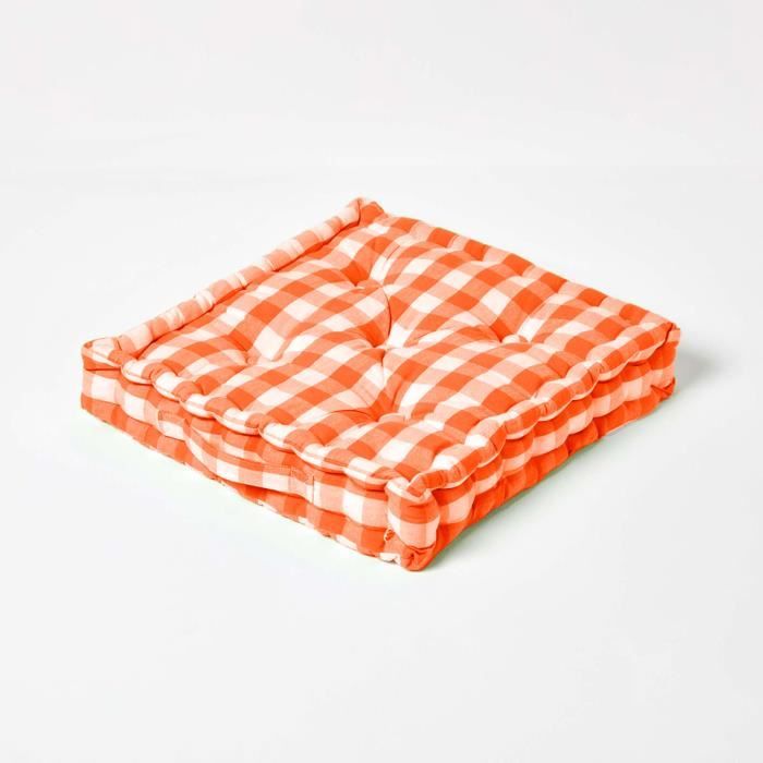 Coussin de sol orange à grands carreaux vichy 40 x 40 cm