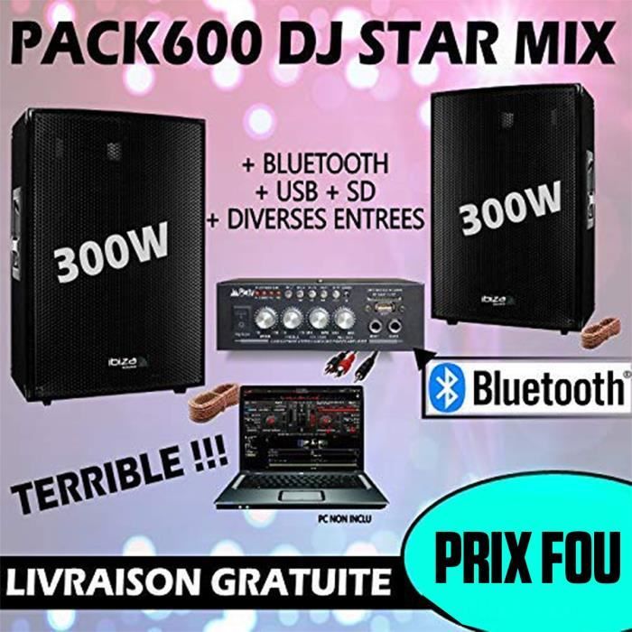 Pack sono 600W total + Ampli PLS1250 + 2 Enceintes 300W PA DJ SONO MIX LED LIGHT soirée Familiale Bar Club Maison