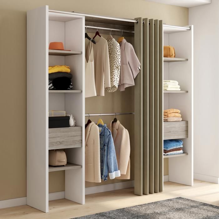 IDMARKET Dressing extensible double MERYL 120/180 x 50 x 180 cm blanc avec étagères hêtre + double penderie + rideau taupe IDMARKET Dressing extensible double MERYL 120/180 x 50 x 180 cm blanc avec étagères hêtre + double penderie + rideau taupe