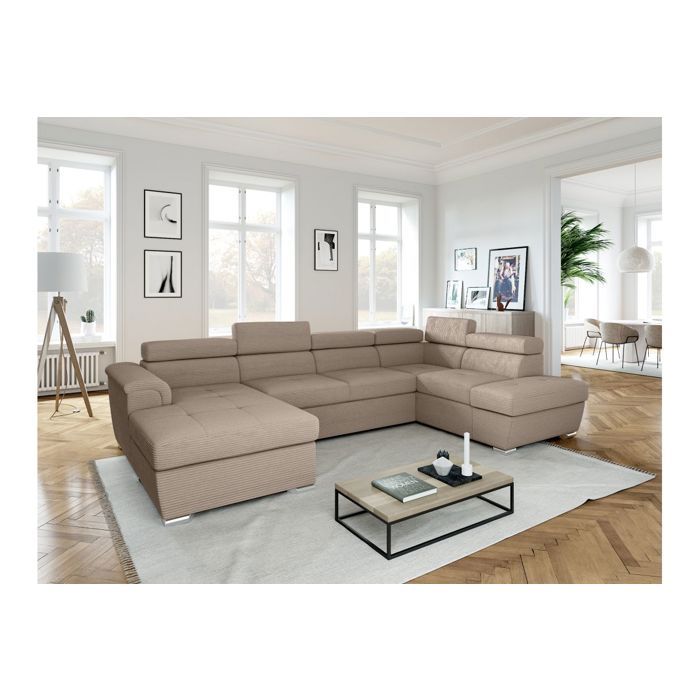 Canapé panoramique 6 places PAOLA convertible avec 2 coffres en velours côtelé - Taupe - L320 5 x P188 x H76cm - LOUNGITUDE Canapé panoramique 6 places PAOLA convertible avec 2 coffres en velours côtelé - Taupe - L320 5 x P188 x H76cm - LOUNGITUDE