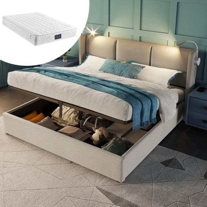 Lit coffre - ModernLuxe - 160x200 cm - Matelas 25cm - Tissu PU - Beige Lit coffre - ModernLuxe - 160x200 cm - Matelas 25cm - Tissu PU - Beige