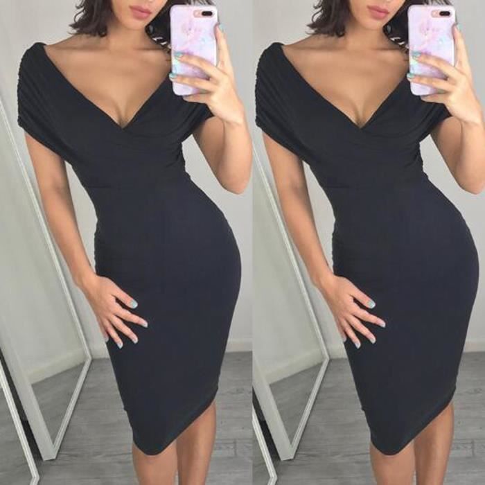 Robe Mi Longue Mode Femmes Solides Col V Profond A Manches Courtes Sexy Robe Moulante Longue Noir Noir Achat Vente Robe Cdiscount