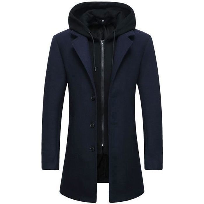 Caban Homme MARQUE Bleu marine Capuche amovible Fermeture eclair et Boutons Laine Polyester