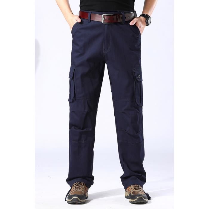 Pantalon Cargo Relaxed Fit Homme en Coton Multi Poches Grande Taille Casual Pantalon de Travail Bleu marine