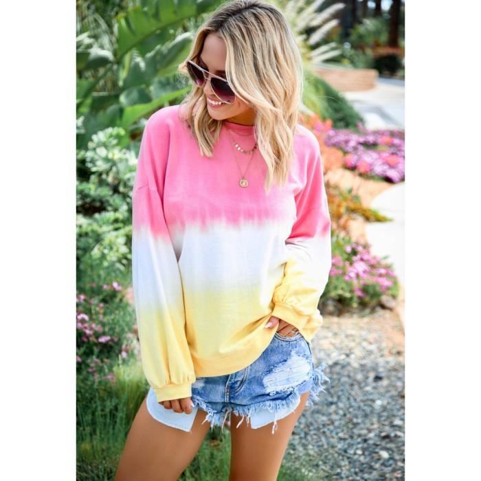 Sweat-shirt femme imprimé dégradé arc-en-ciel Automne-Hiver Rose - Loose confortable et respirant