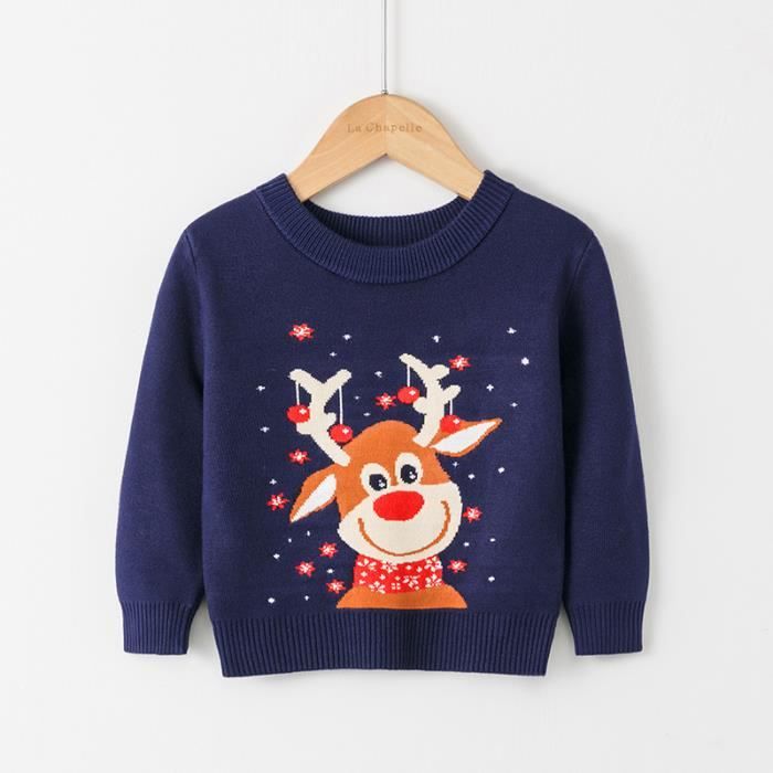 Pull de Noel Enfant en Tricot Manches Longues Imprime Col Rond Hiver Bleu marine Cdiscount Pret a Porter