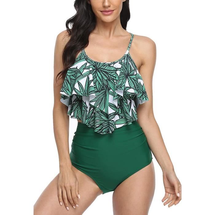 JFAN Maillot De Bain 2 Pièces Femme Push Up Vintage - Taille Haute Volants Ruched Bikini Élégant
