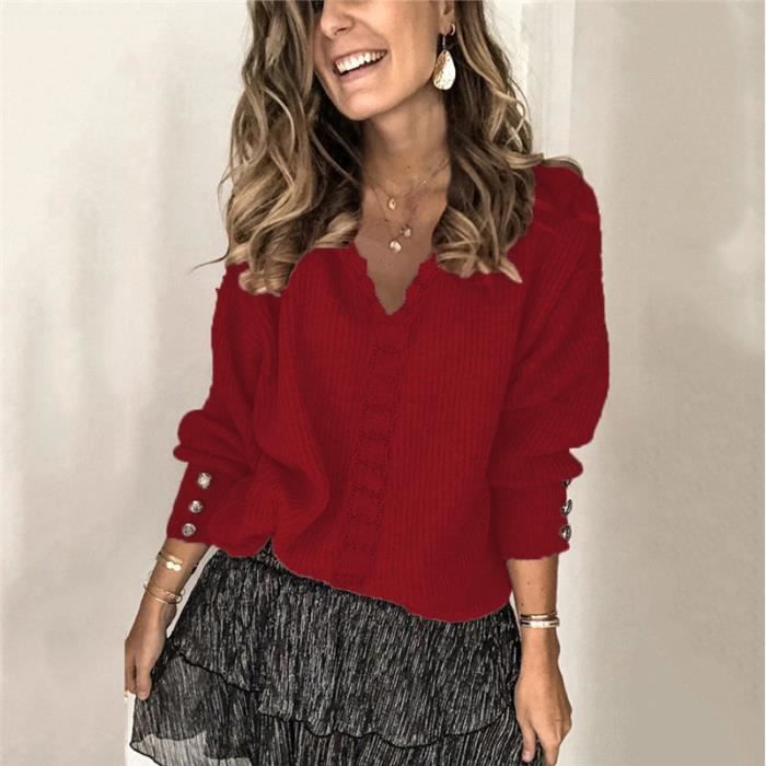 Pull col v rouge discount femme