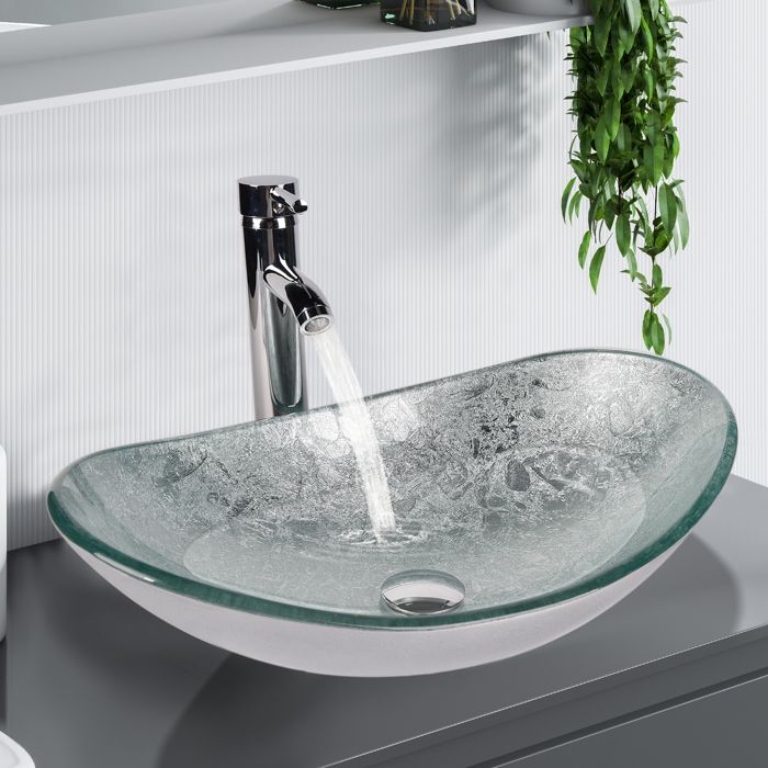 Lavabo Vasque à Poser avec Robinetterie Lave-Mains Évier pour Salle de Bain Ovale 53 cm