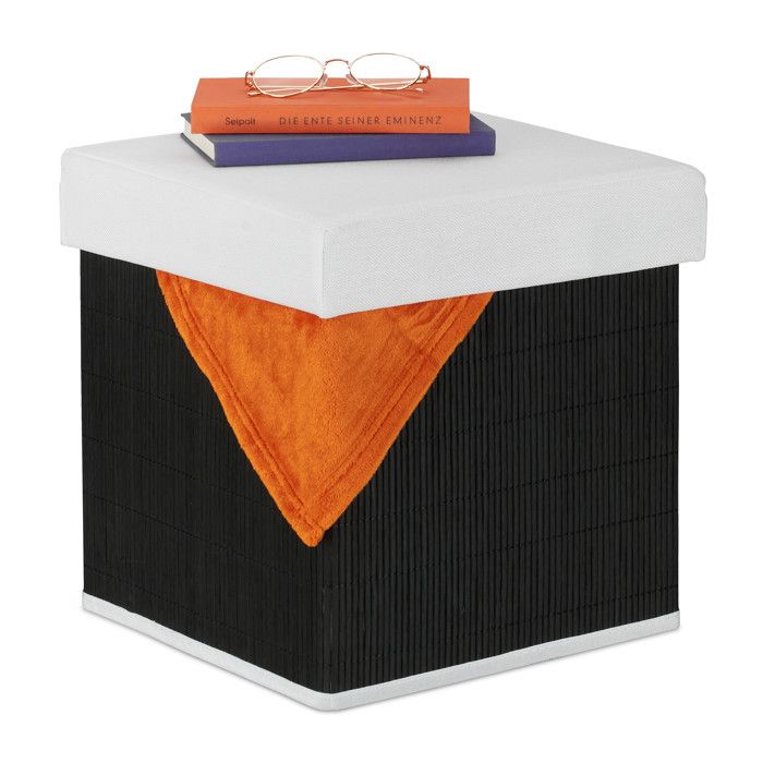 Relaxdays Tabouret avec rangement rembourré pliable H x L x P: 35x35x35 cm couvercle coffre en bambou noir-blanc