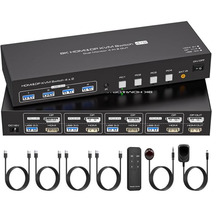Switch KVM HDMI+DP 4 Computer Su 2 Monitor 8K 60Hz – Condividi 4 PC Con 4 Porte USB 3.0, Telecomando Incluso