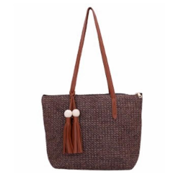 Sac Bandoulière Femme En Paille Tressée - Brun/beige, Fermeture Zip, Fourre-tout, Neuf Sans étiquettes