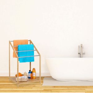 Porte-serviettes 2 Barres En Bambou & MDF - Design Blanc-nature - Non Fixe, à Poser - Sèche-serviettes Salle De Bain
