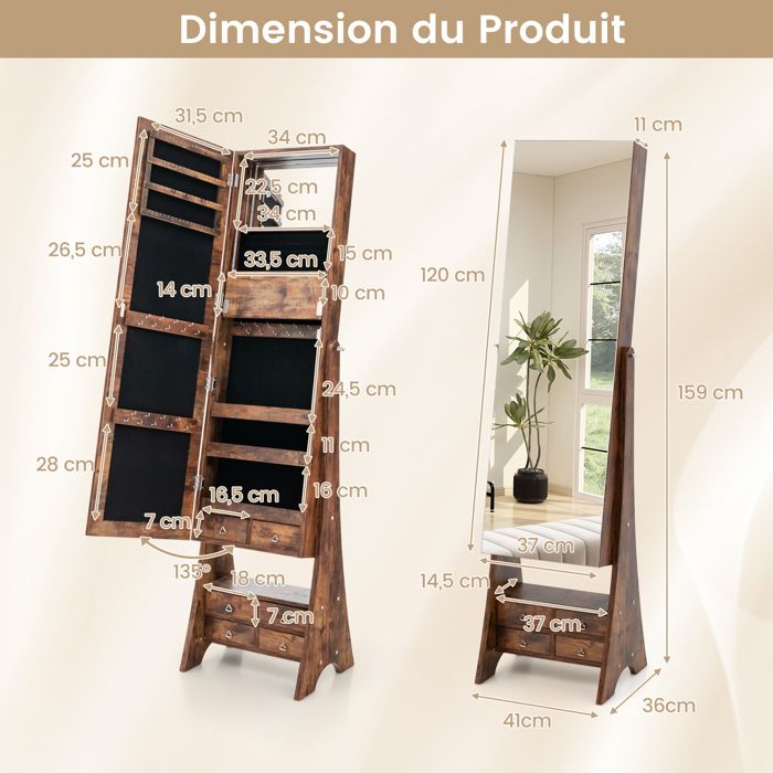 GOPLUS Armoire à Bijoux Murale 2 En 1 Avec Miroir Pleine Longueur - Blanc