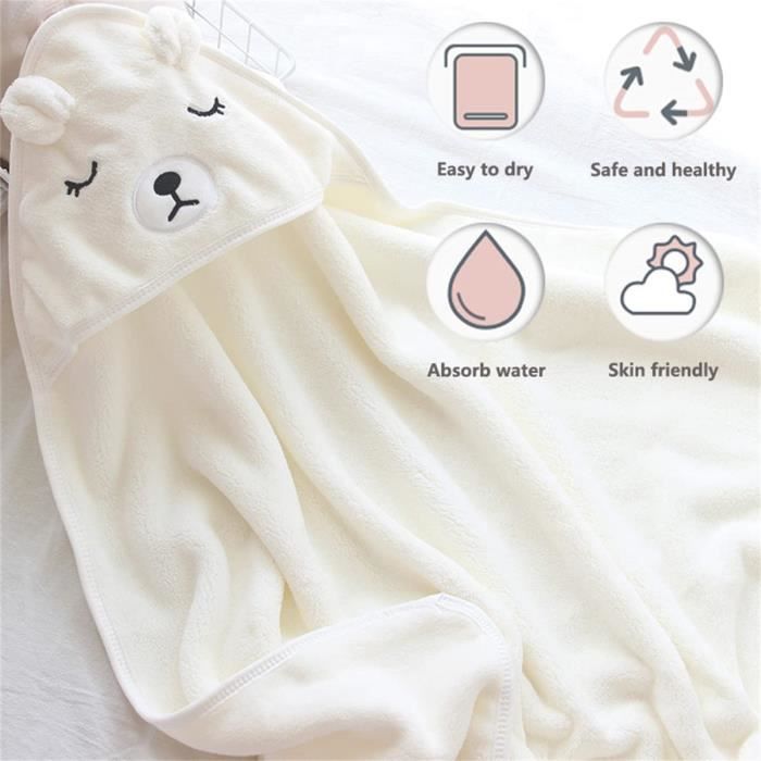 Serviette à Capuche Bébé Wffeila 80x80cm - Peluche De Corail Super Douce - Motif Ourson Blanc