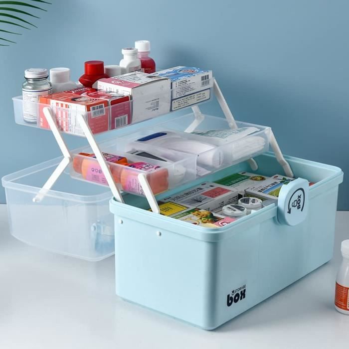 Boîte à Médicaments 3 Niveaux - Transparente, étanche - Poignée Pliable, Serrure à Bouton - Pour Pilules, Premiers Secours
