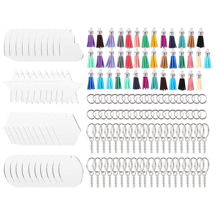 160pcs Disques Acryliques Clairs Porte-clés DIY Kit Blanks Tassel