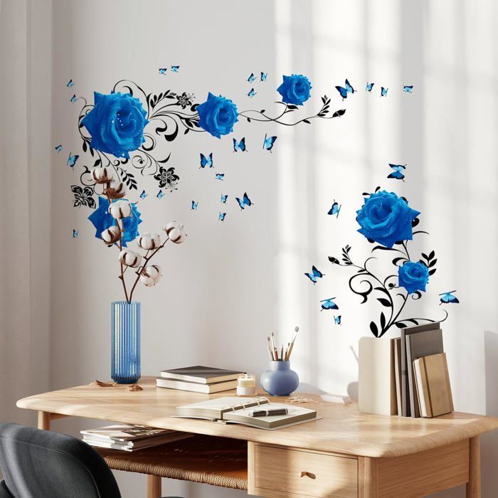 Stickers Muraux Fleurs Bleues Tanlaby - Autocollants Décoratifs Avec Papillons Pour Salon Et Chambre