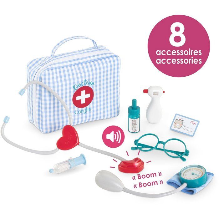 Corolle – Valise Docteur – 8 Accessoires – Pour Poupon 30-36 Cm – Stéthoscope Battements, Seringue, Tensiomètre – Dès 18 Mois – Piles Incluses – Création Française
