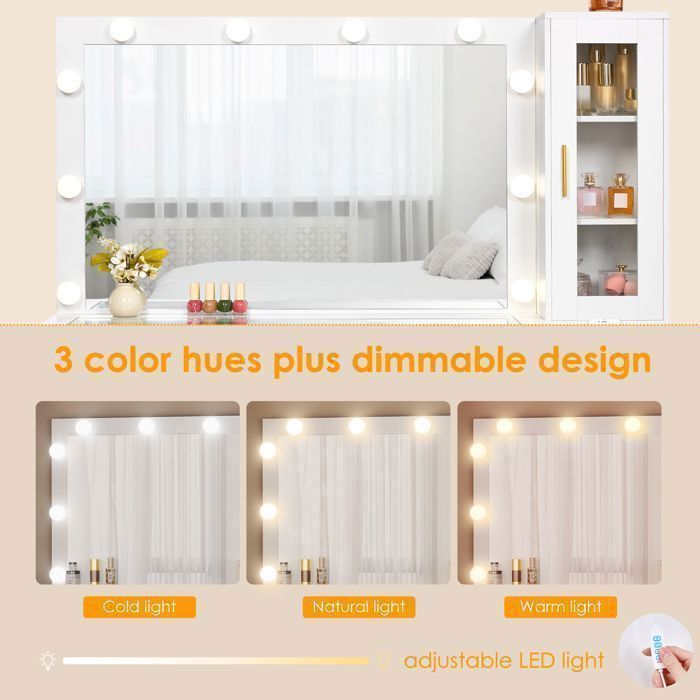 Coiffeuse Verre Trempe Coiffeuse Blanche Avec Miroir LED DR-0455 - 5 Tiroirs, - 105x40x140cm - Table Maquillage Plateau Verre Trempé