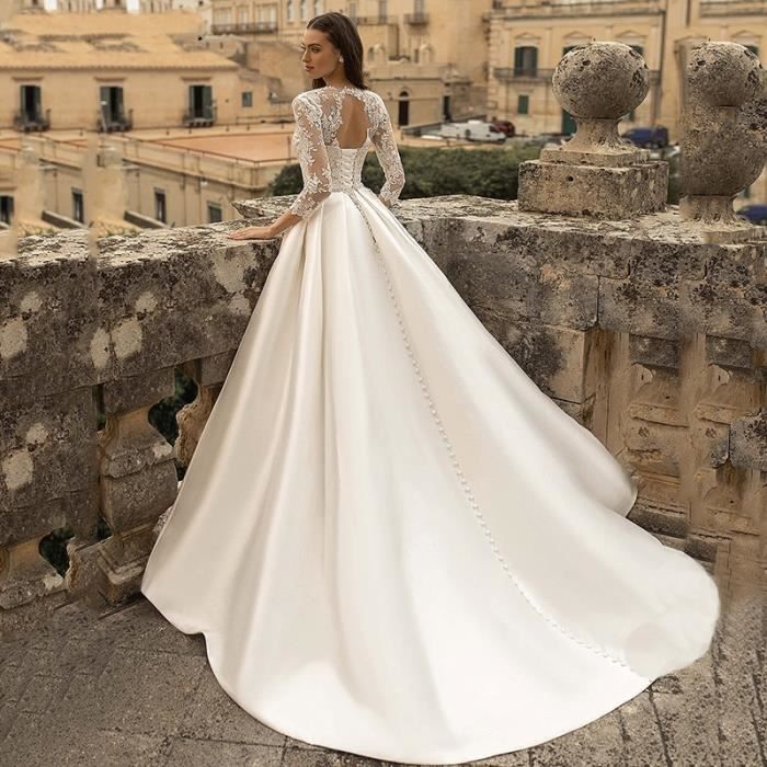 Robe De Mariee Elegante En Satin Illusion Col Rond Manches Longues Appliques A Lacets Poches Dos Nu blanc Blanc Cdiscount Pret a Porter