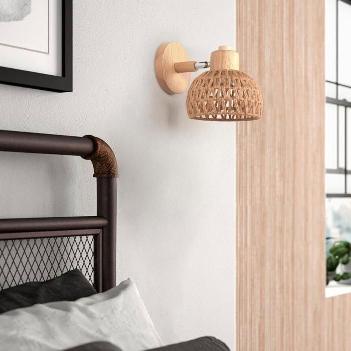 2 Lampes Murales Weskjer - Bois Et Corde Chanvre - Style Industriel Rétro - Culot E27 - Pour Salon, Chambre