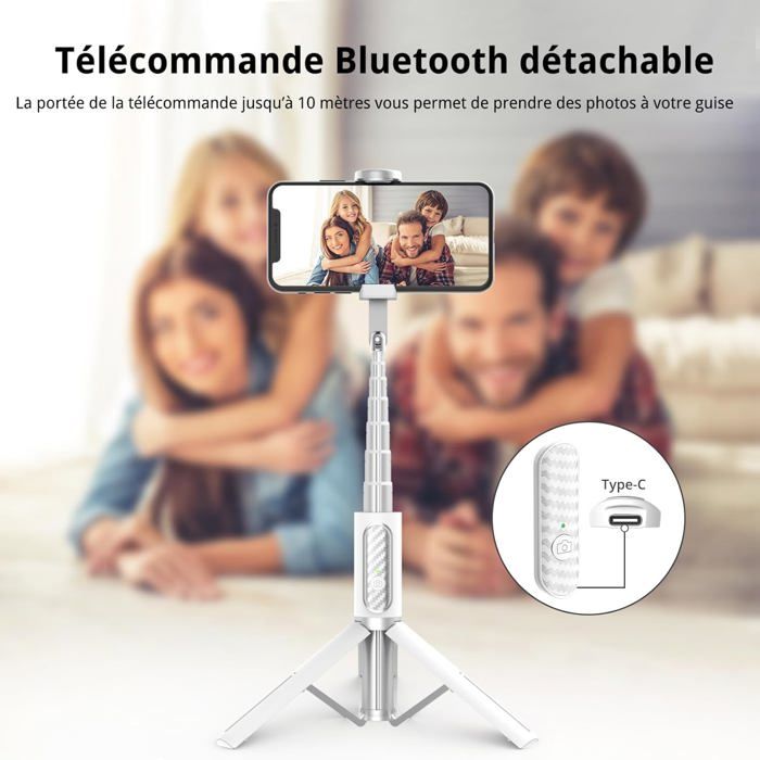 Vinabo Perche à Selfie Bluetooth 3 En 1, Trepied Smartphone, 160CM Perche Selfie Rétractable, Stabilisateur Smartphone Avec Télécommande Amovible Et Rotation à 360°, Pour IPhone, Galaxy, Huawei