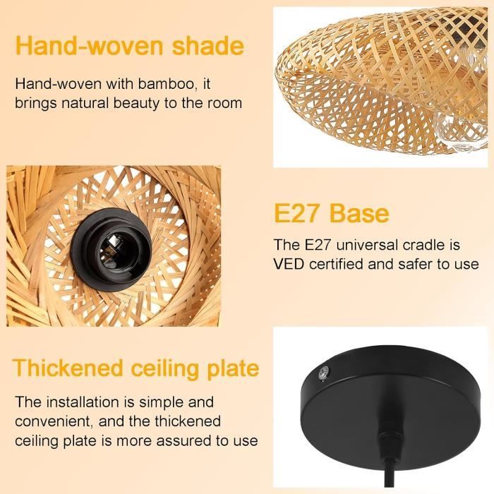 Lustre En Bambou Naturel Et Rotin Tressé à La Main - Hauteur Réglable - Pour Salon, Chambre, Café