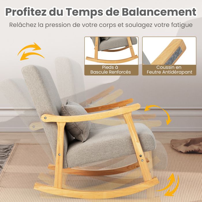 COSTWAY Fauteuil à Bascule Enfant Peluche Rose - Rocking Chair Mignon Anti-Renversement Pour 3-5 Ans, Pieds Bois Massif