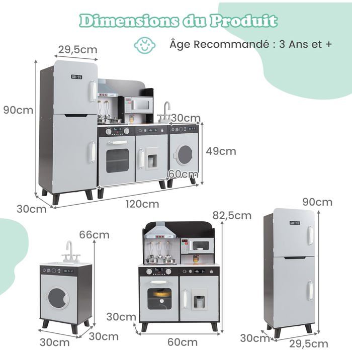 GOPLUS – Cuisine En Bois Enfant Modulaire – Avec Lumière, Sons, Réfrigérateur, Machine à Laver, Micro-ondes – 120x30x90 Cm – Dès 3 Ans