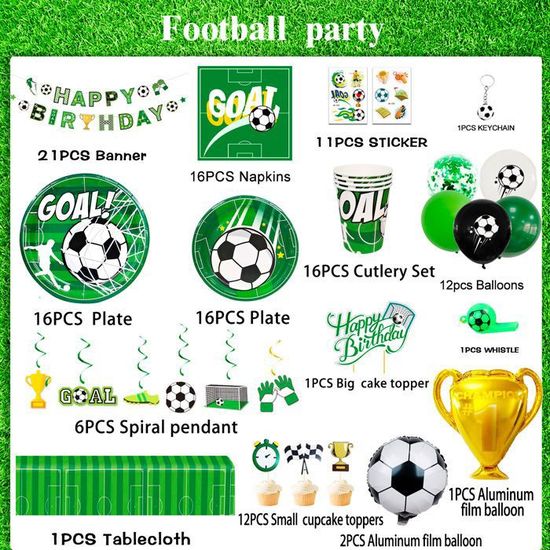 Kit Vaisselle Jetable Thème Football - 52 Pièces (16 Assiettes, 16 Gobelets, 20 Serviettes) Pour 16 Invités - Décoration Fête Anniversaire - 9