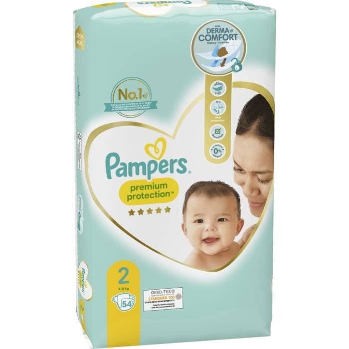 Pack 54 Couches bébé PAMPERS Premium Protection Taille 2 (4 à 8KG) Baby  Comfort
